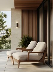 Modern Patio Design with Two Lounge Chairs and Wooden Wall