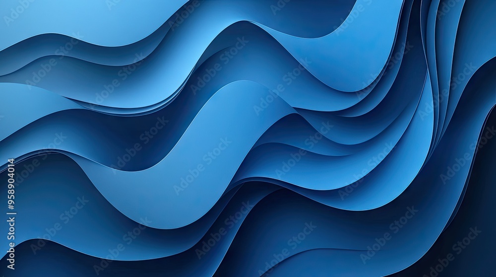 Poster abstract blue background with overlapping wave shapes, blending light and dark hues for a modern and
