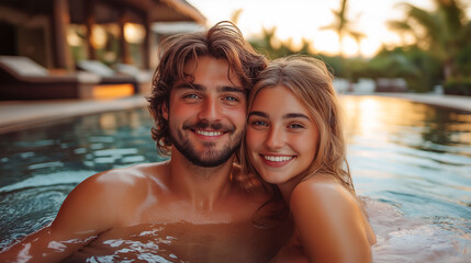 Fototapeta premium A man and woman are smiling and posing for a picture in a pool. Scene is happy and carefree