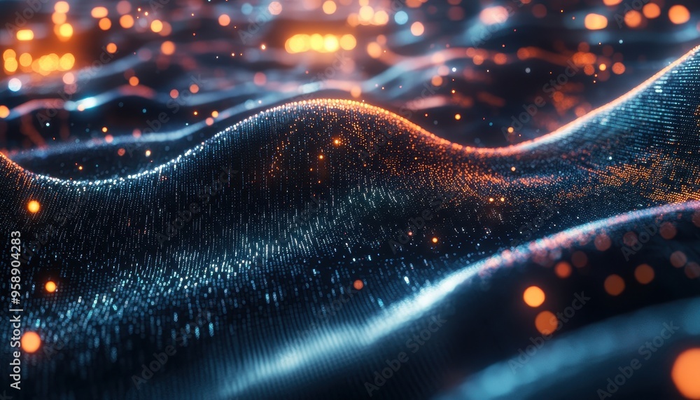 Poster quantum computing visualization: glowing particles and data streams in digital futuristic landscape