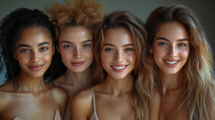 Obraz premium Four women smiling, close-up portrait, natural lighting, unity concept