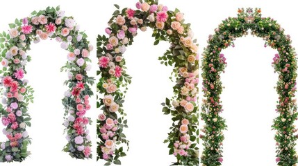 Three floral arches isolated on white background, with pink, white, and yellow flowers and green leaves.