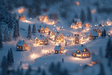 Obraz premium Snowy Village at Night with Starry Sky