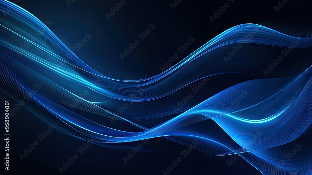 Poster abstract blue wave lines on a dark background, creating a futuristic and elegant look. ideal for ban