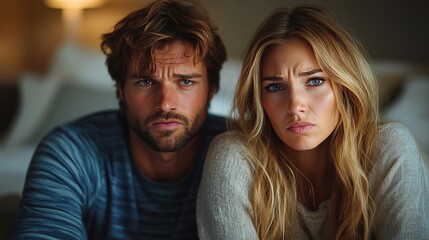 Fototapeta premium upset mid adult woman with her husband in bed arguing relationship problems concept