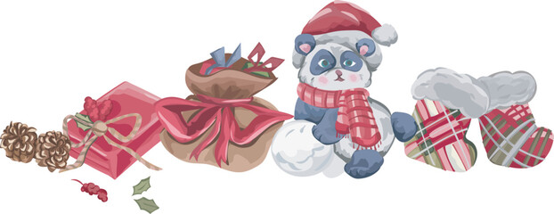 Christmas teddy bear decoration illustration on transparent background.
