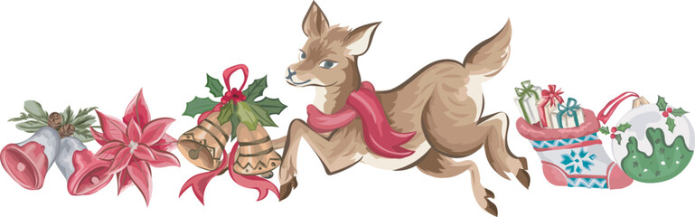 Christmas reindeer decoration illustration on transparent background.
