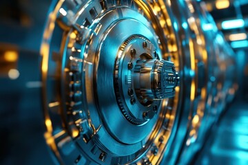 Fototapeta premium Close-up of a metallic gear with intricate details, showcasing a futuristic design in vibrant colors and smooth textures.