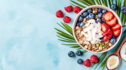 A beautifully arranged Acai bowl topped with granola and coconut on a clean pastel background, offering ample copy space for branding and marketing needs.