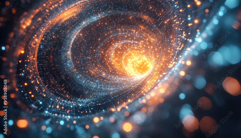 Poster quantum computing exploration: swirling data streams and glowing particles in digital space