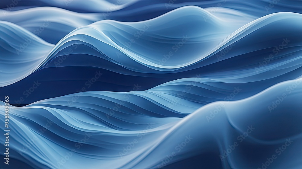 Poster abstract blue waves flowing across a gradient backdrop, with a blend of light and dark tones for a h