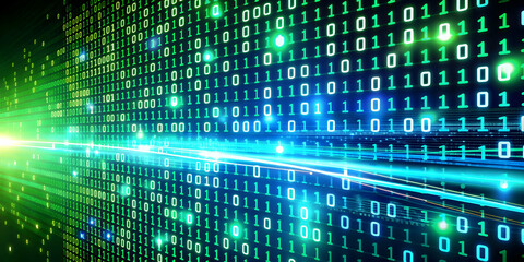 Fototapeta premium Glowing Abstract Binary Code Streaming Down Digital Background - Data Management and Operational Efficiency in Vibrant Green and Blue Tones, Futuristic Ambiance