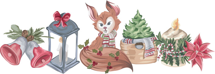Christmas fox decoration illustration on transparent background.
