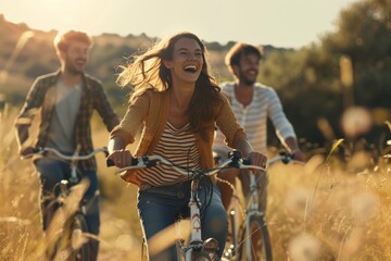 Obraz premium Joyful Friends Enjoying a Scenic Bike Ride Through Countryside on a Sunny Day
