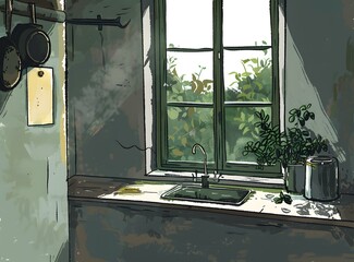 Kitchen Window with Plants and Pots