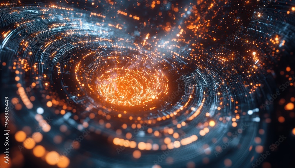 Poster quantum computing core: swirling data particles in glowing futuristic patterns