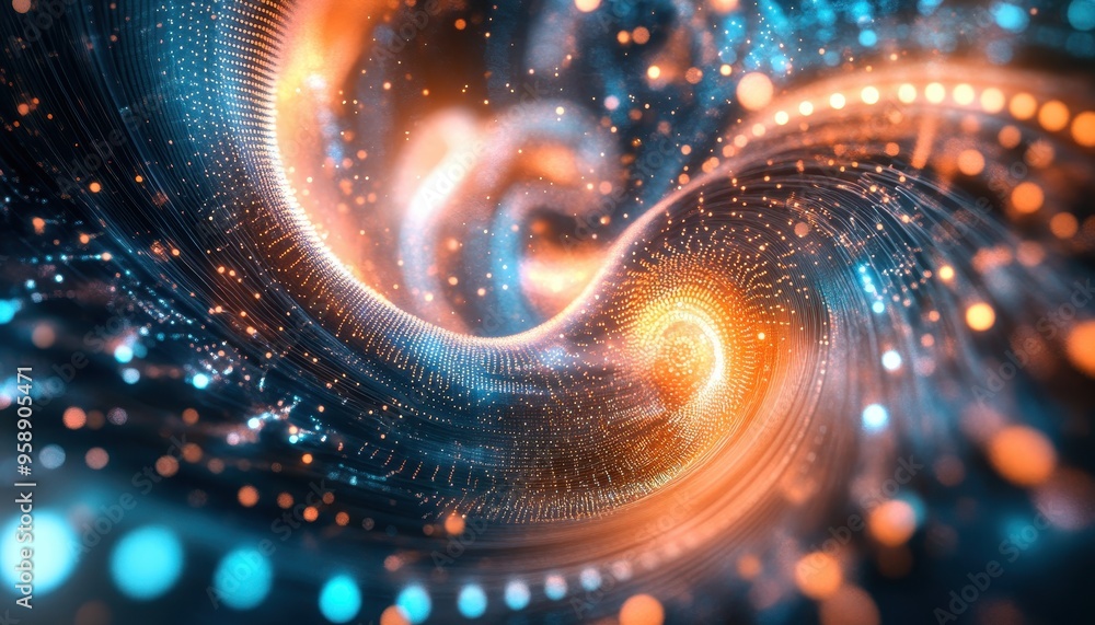 Poster quantum computing core: swirling data particles in futuristic environment