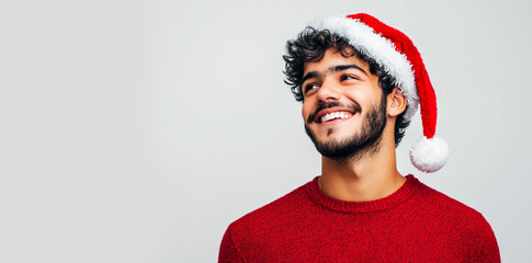 20S latino man smiling in santa hat wearing red sweater christmas holiday concept, isolated on white background. 