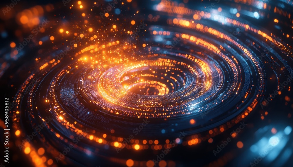 Poster quantum computing core: swirling data particles in futuristic environment