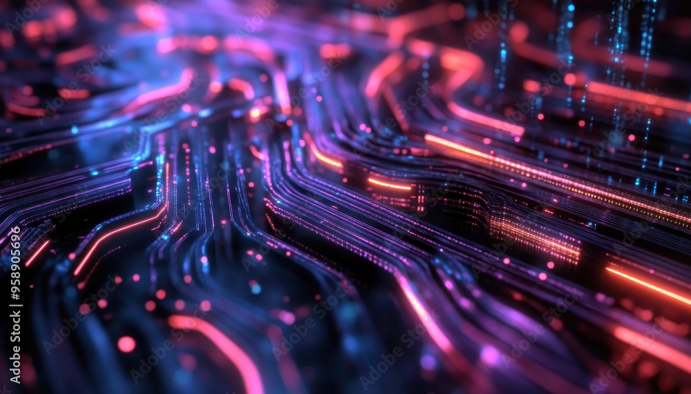 Poster illuminated quantum computing processor creating digital abstract landscape