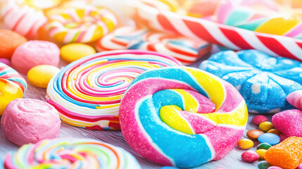 A delightful assortment of colorful candies in various shapes and sizes, beautifully arranged, perfect for adding a splash of joy and sweetness to any occasion.