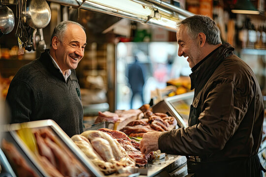 A friendly butcher chats with a customer, choosing the perfect cut of meat. The bustling market atmosphere adds to the scene.