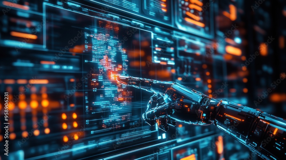 Poster robotic hand interacting with digital interface