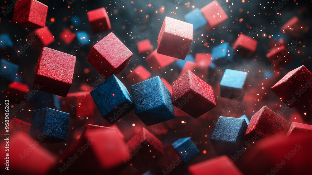 Poster colorful red and blue cubes floating in a dynamic, abstract space with a sparkling background