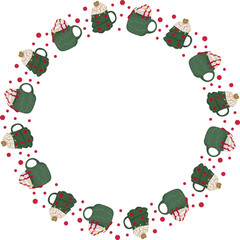 Christmas green mug with drink frame illustration on transparent background.
