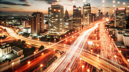 Fototapeta premium Glowing Abstract Data Streams Enhancing Urban Management in Futuristic Digital Cityscape - Aerial View of Technological Efficiency and Vibrant Lights Symbolizing Innovation and Progress in Urban Devel
