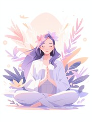 Woman meditating in nature. Illustration for yoga, meditation and healthy lifestyle. illustration in flat cartoon style