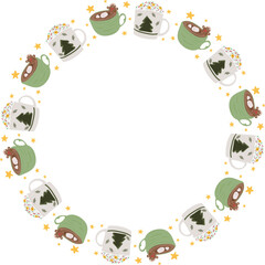 Christmas green mug with drink frame illustration on transparent background.
