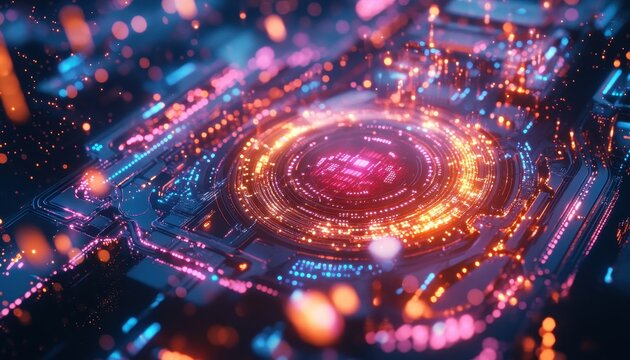 Illuminated Quantum Computing Chip with Dynamic Data Particles in Futuristic Setting