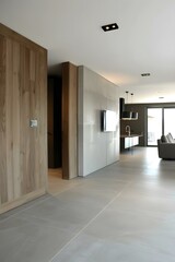 Fototapeta premium Modern Minimalist Interior Design Home Decor With Wooden Wall And Grey Tiles Floor