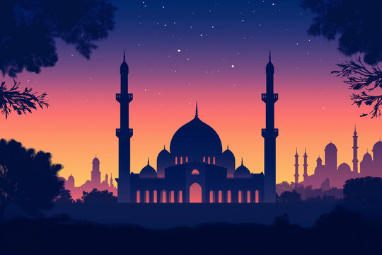 a beautiful mosque silhouette, vector illustration of mosque, web design, eid and ramadan, Islamic concept