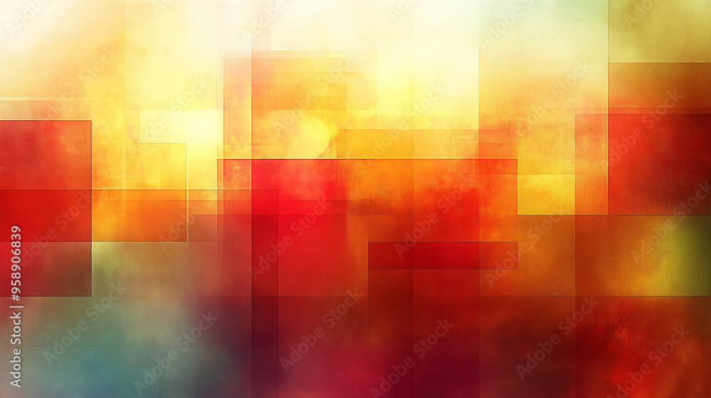 Poster colorful abstract pattern featuring blended red, yellow, and orange squares creating a vibrant and d