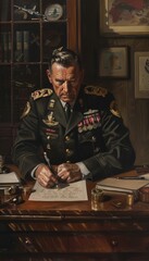 Military Officer Writing a Commendation Letter at Desk with Insignia and Personal Items for Historical Documentation