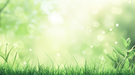 Fototapeta premium Green grass and plants with a soft-focus, bokeh light background suggesting a fresh, serene nature scene