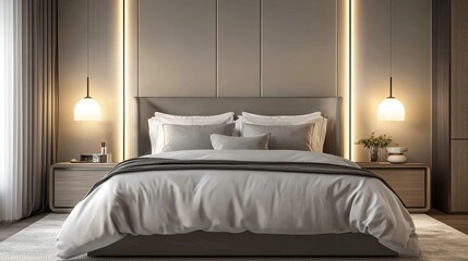 Bed with luxurious bedding and bedside lamps, with ample room for copy on the wall.