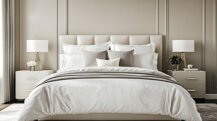 Bed with luxurious bedding and bedside lamps, with space for text on a neutral wall.