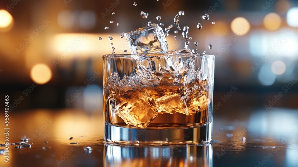Poster a glass of whiskey with ice splashing, creating a dynamic and refreshing visual.