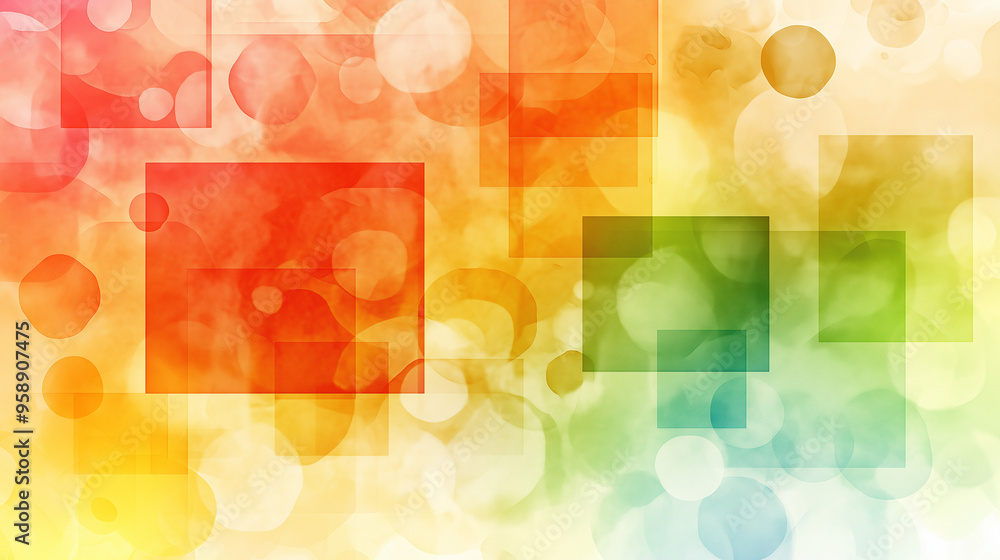 Poster colorful abstract shapes with vibrant circles and squares blending together, creating a lively artis