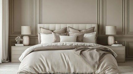 Bed with luxurious bedding and bedside lamps, with space for text on a neutral wall.