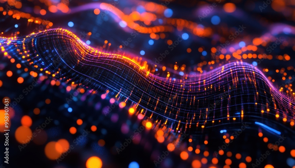 Poster illuminated quantum computing core amid abstract big data patterns