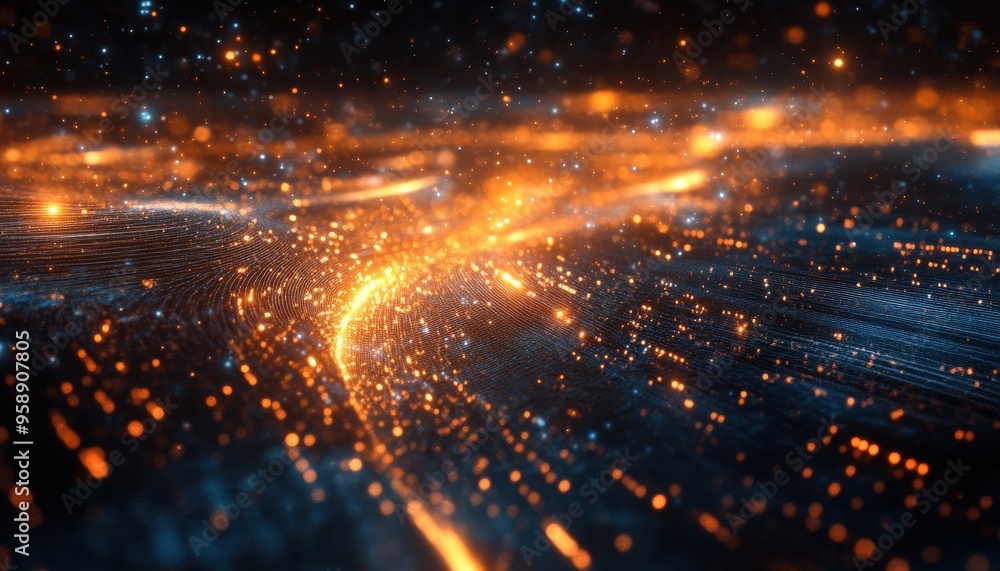 Poster quantum computing technology concept with glowing particles and big data streams