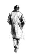 Fototapeta premium Mysterious noir private detective man walking. viewed from behind. Sketch doodle style. Transparent background PNG. With trench coat and fedora. Retro vintage Investigator. 