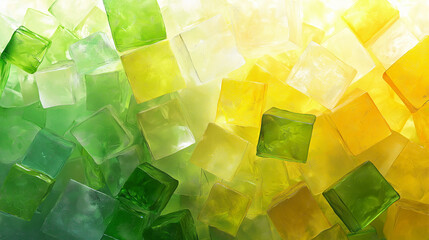 Colorful jelly cubes arranged in a vibrant gradient of green and yellow on a bright background during daytime