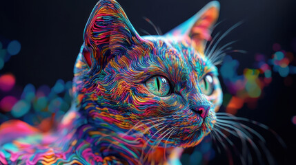 Naklejka premium A cat with a green face is in the center of a colorful swirl