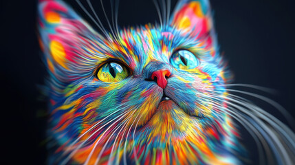 A cat with a green face is in the center of a colorful swirl