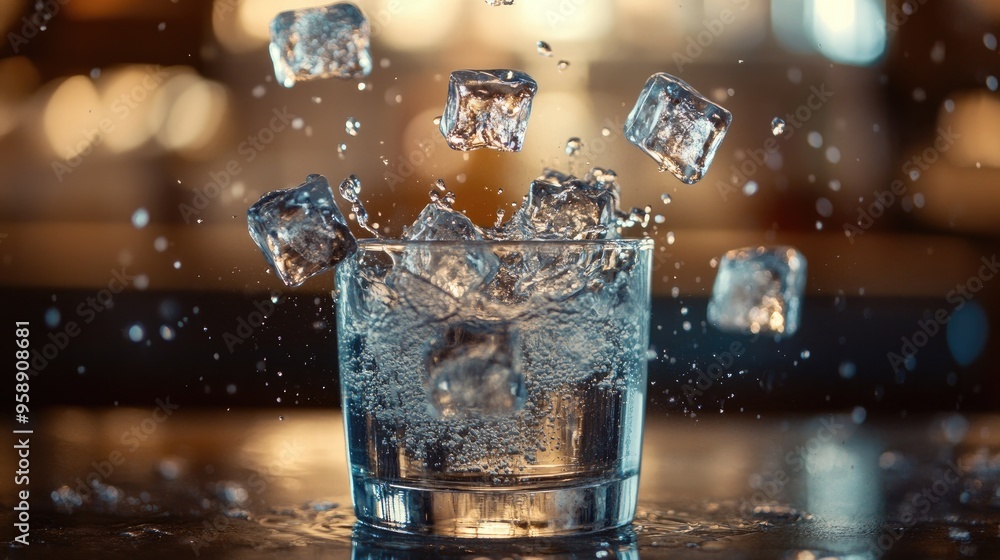 Poster ice cubes splashing into a glass of water, creating dynamic droplets in a lively setting.